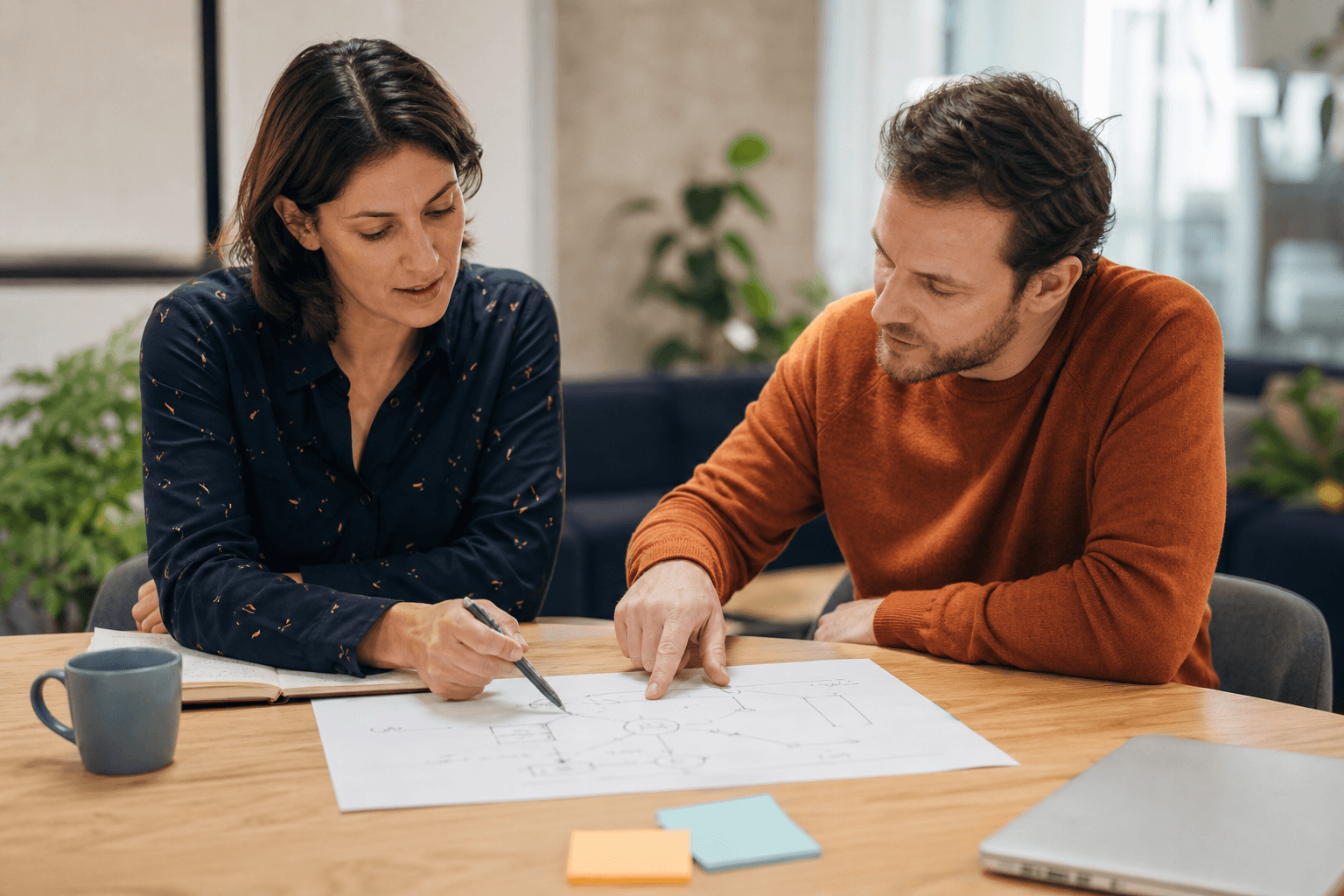 A consultant and client working through a problem together