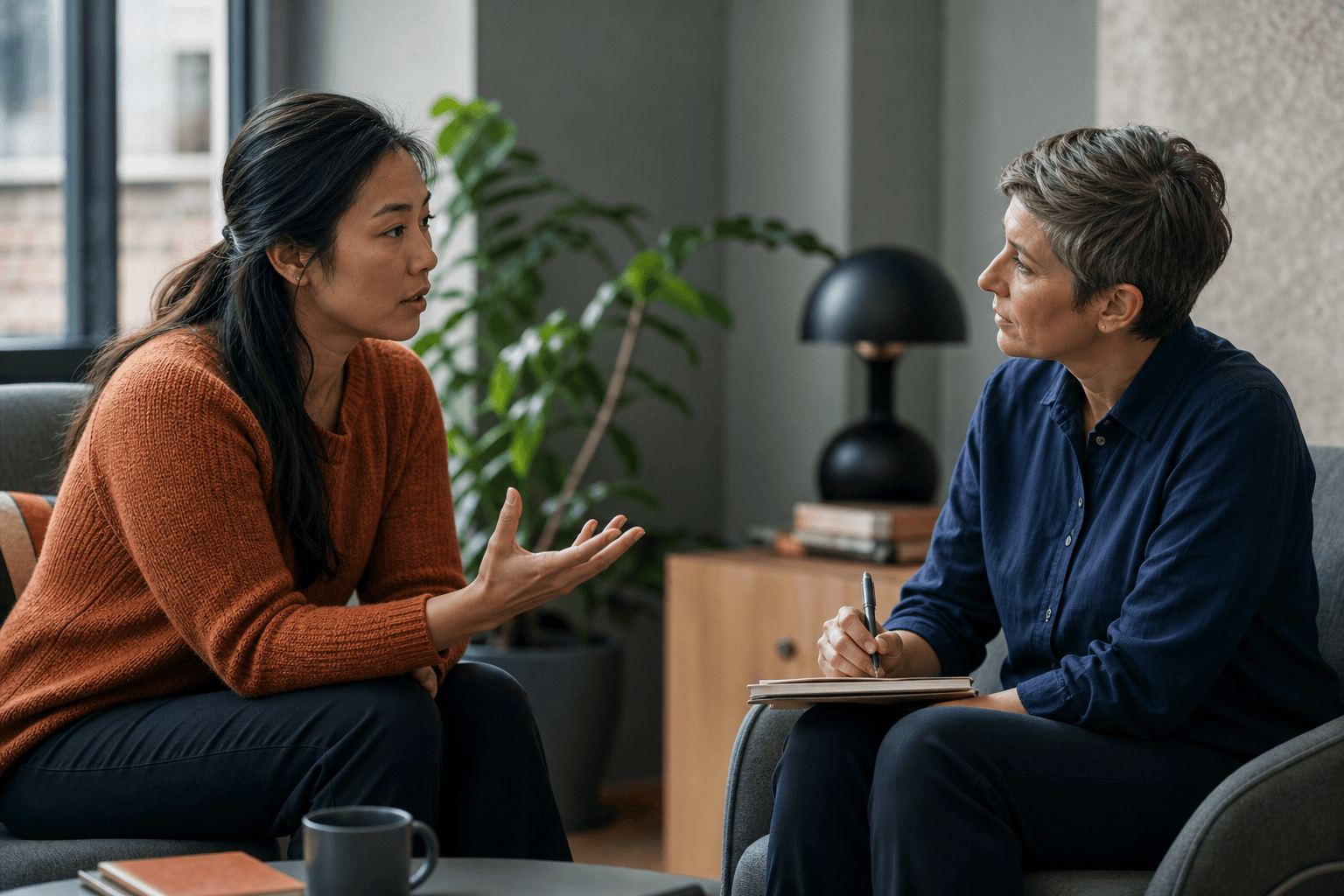 Two colleagues practising a difficult workplace conversation